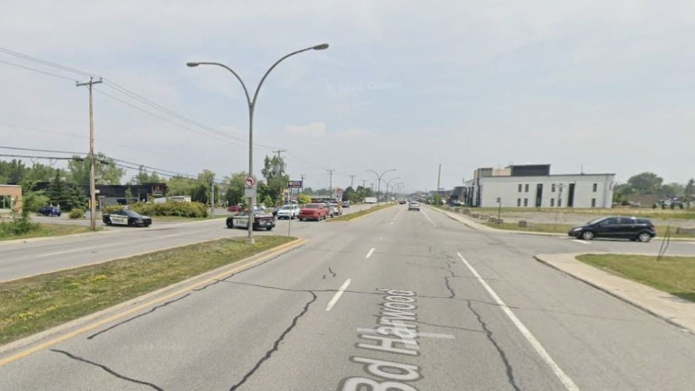 Capture d'écran de Google Maps montrant le boulevard Harwood à la hauteur de la rue Bellemare, à Vaudreuil-Dorion.
