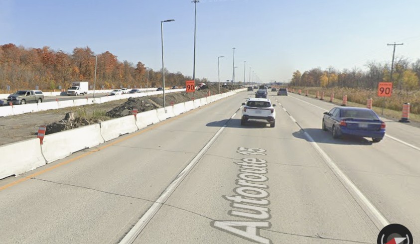 Capture d'écran de Google Maps montrant l'autoroute 15 à la hauteur de la Côte St-Pierre, à Mirabel.