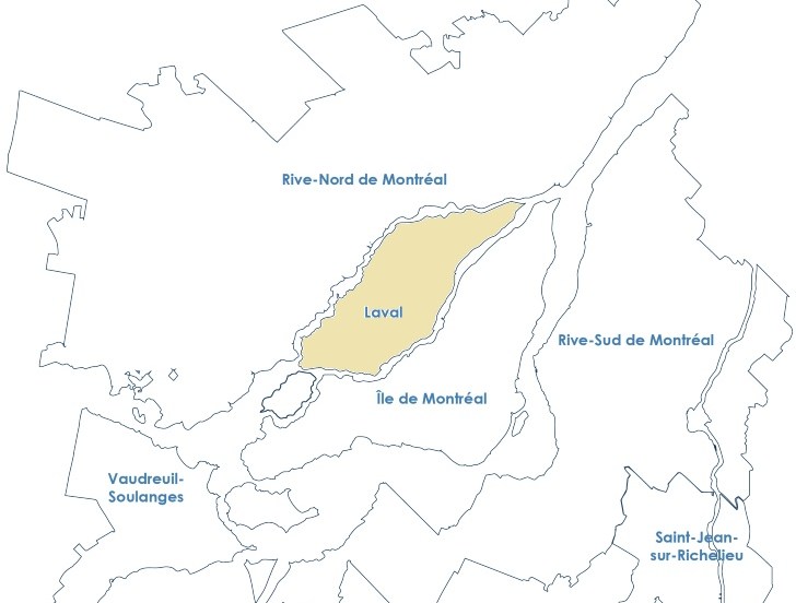 Carte de la grande région de Montréal, avec Laval en surbrillance.