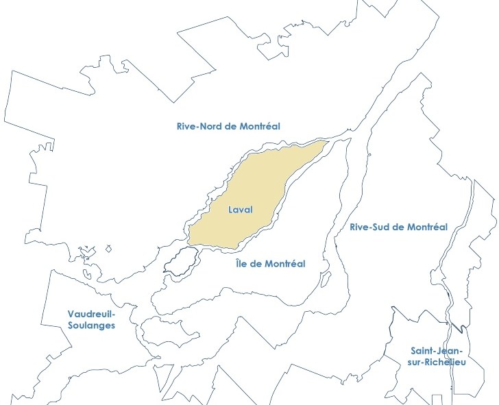 Carte de la grande région de Montréal, avec Laval en surbrillance.