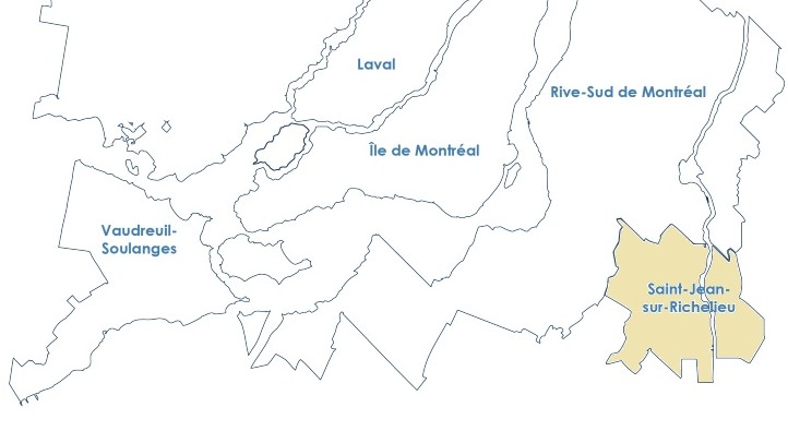Carte de la grande région de Montréal, avec Saint-Jean-sur-Richelieu en surbrillance.