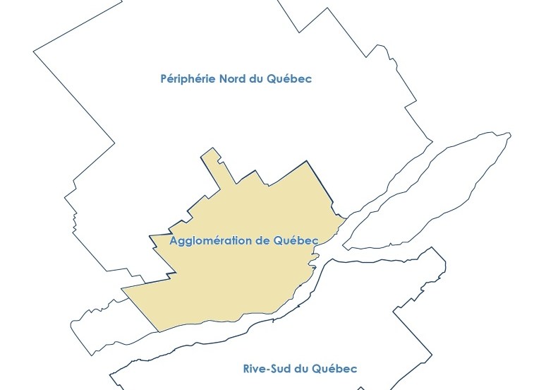Carte de la région de Québec avec l'agglomération de Québec en surbrillance.