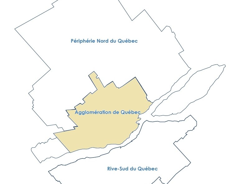 Carte de la région de Québec avec l'agglomération de Québec en surbrillance.