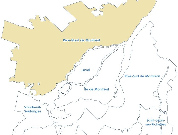Carte de la grande région de Montréal, avec la Rive-Nord en surbrillance.