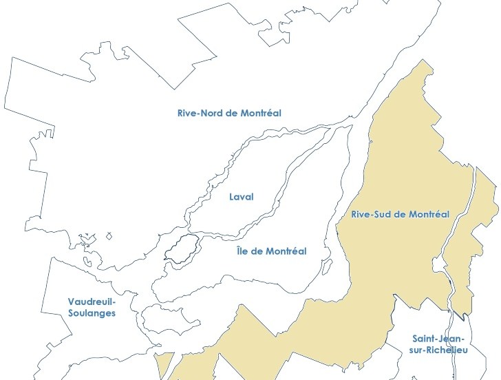 Carte de la grande région de Montréal, avec la Rive-Sud en surbrillance.