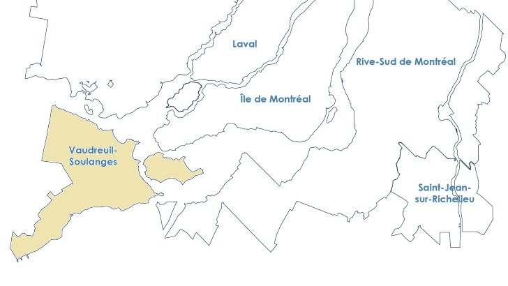 Carte de la grande région de Montréal, avec Vaudreuil-Soulanges en surbrillance.
