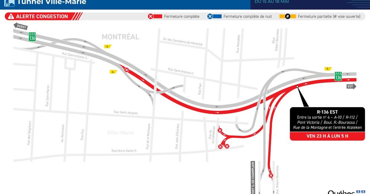 Fermeture de la route 136 entre les tunnels Ville-Marie et Viger