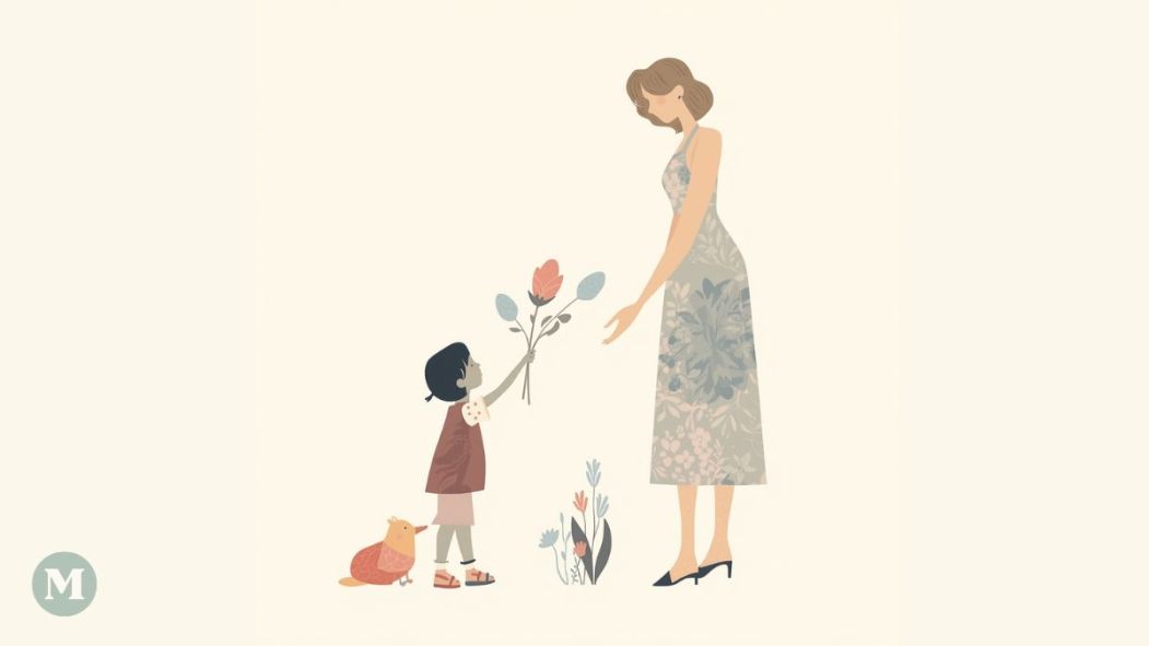 Image générée par l'intelligence artificielle montrant un enfant offrant des fleurs à sa maman pour la fête des Mères.