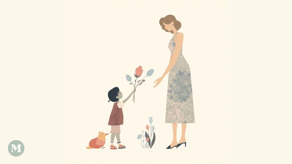 Image générée par l'intelligence artificielle montrant un enfant offrant des fleurs à sa maman pour la fête des Mères.