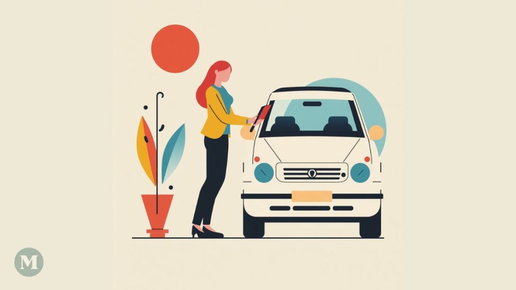 Dessin dans le style art minimaliste montrant une femme achetant une voiture.