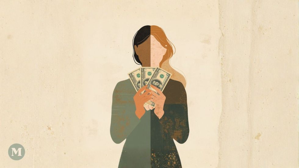 Image générée par l'intelligence artificielle dans le style de l'art minimaliste. L'image montre une femme tenant des billets d'argent.