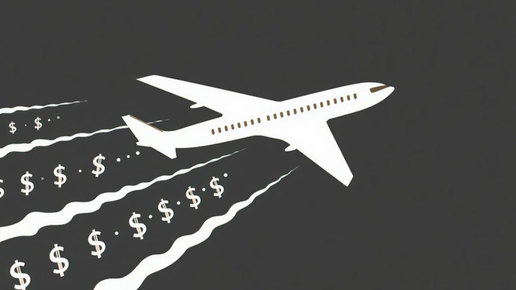Un avion vole dans le ciel. Il est suivi de symboles du dollar.