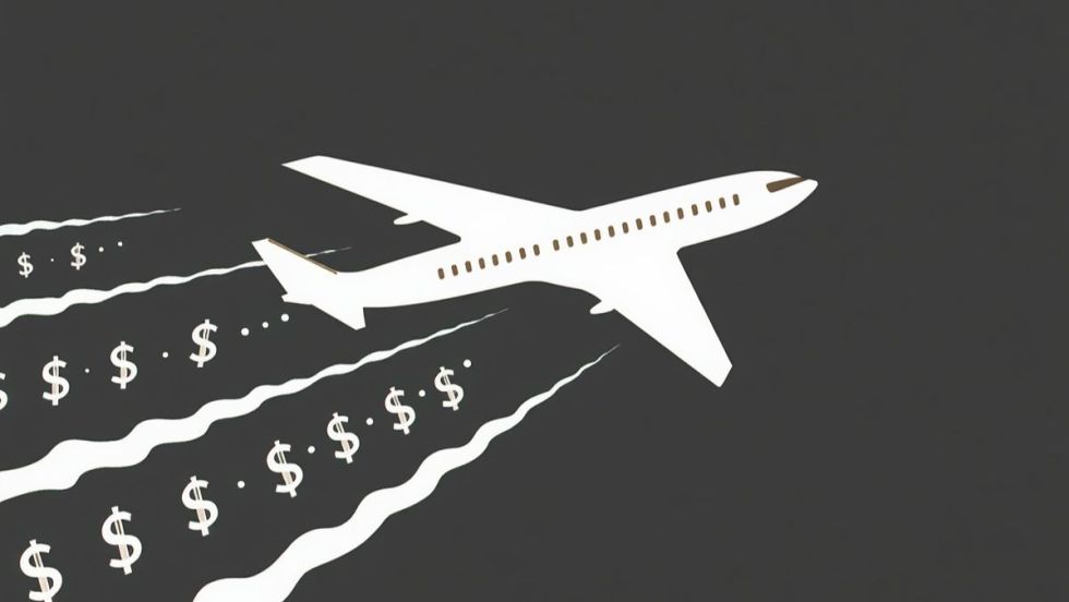 Un avion vole dans le ciel. Il est suivi de symboles du dollar.