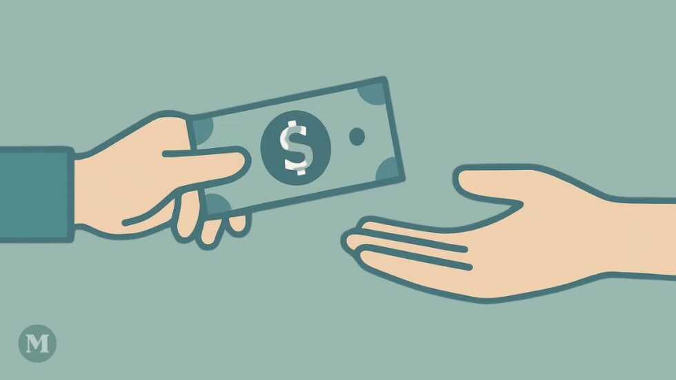 Image générée par l'intelligence artificielle dans le style de l'art minimaliste, montrant une main tendant un billet de banque à une autre main.