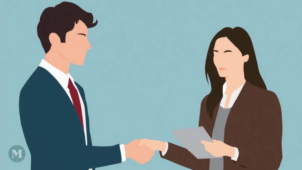 Image générée par l'intelligence artificielle dans le style de l'art minimaliste. L'image montre un jeune homme déposant une demande d'emploi à une femme.
