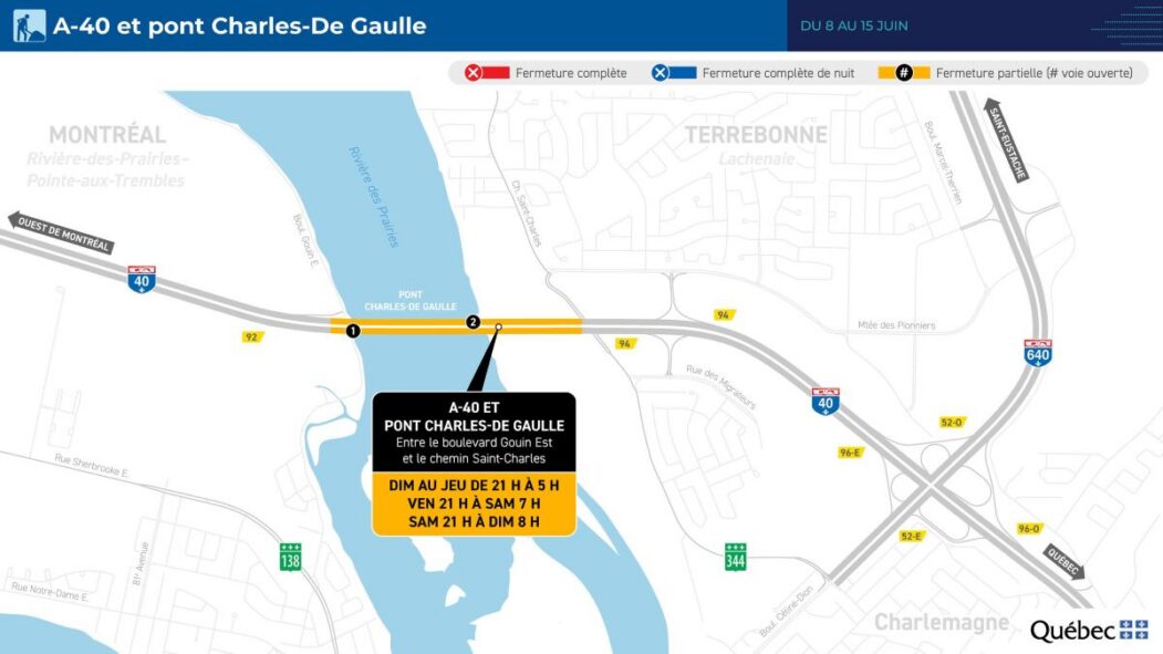 Carte montrant le tronçon de l'autoroute 40 affecté par les travaux au pont Charles-De Gaulle.