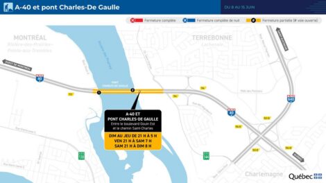 Carte montrant le tronçon de l'autoroute 40 affecté par les travaux au pont Charles-De Gaulle.