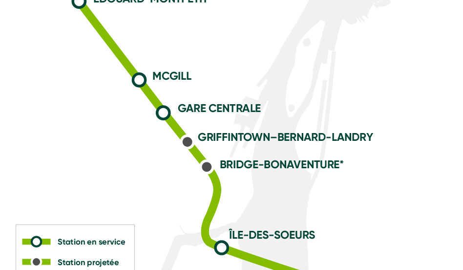 Carte affichant les stations projetées du REM dans le Sud-Ouest de Montréal.