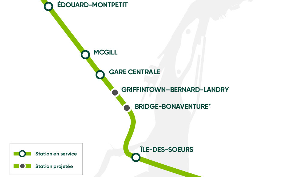 Carte affichant les stations projetées du REM dans le Sud-Ouest de Montréal.