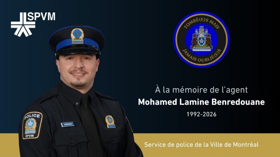 Montage affichant la photo de profil de Mohamed Lamine Benredouane, policier tué lors d'une opération à Côte-des-Neiges le 22 juin 2026.