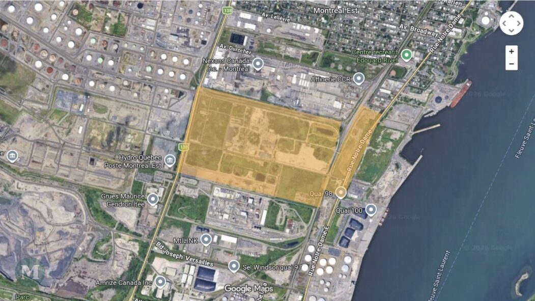 Capture d'écran de Google Maps montrant une partie de Montréal-Est, avec le terrain de la pétrolière Impériale (Esso) mis en surbrillance.