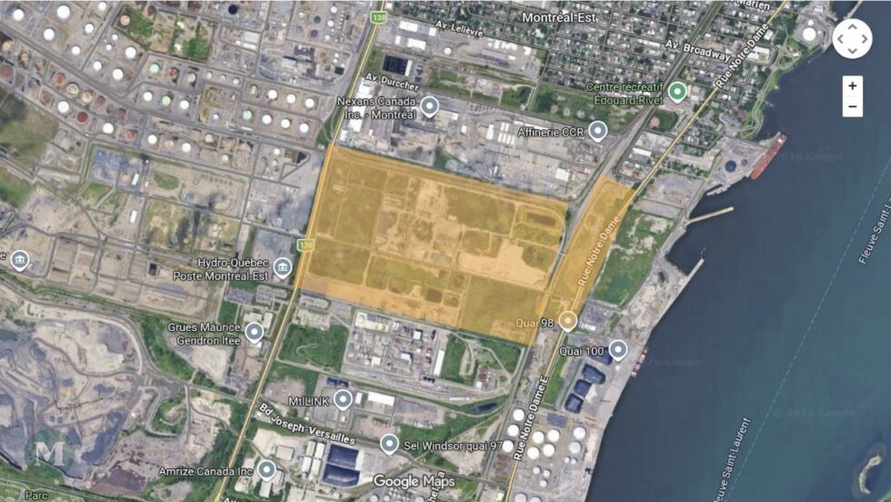 Capture d'écran de Google Maps montrant une partie de Montréal-Est, avec le terrain de la pétrolière Impériale (Esso) mis en surbrillance.