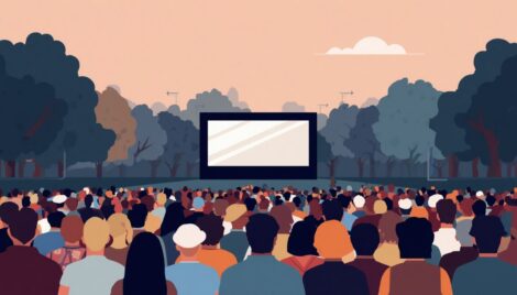 Image générée par l'intelligence artificielle représentant une foule réunie dans un parc pour du cinéma en plein air.