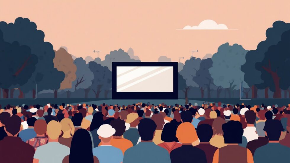 Image générée par l'intelligence artificielle représentant une foule réunie dans un parc pour du cinéma en plein air.