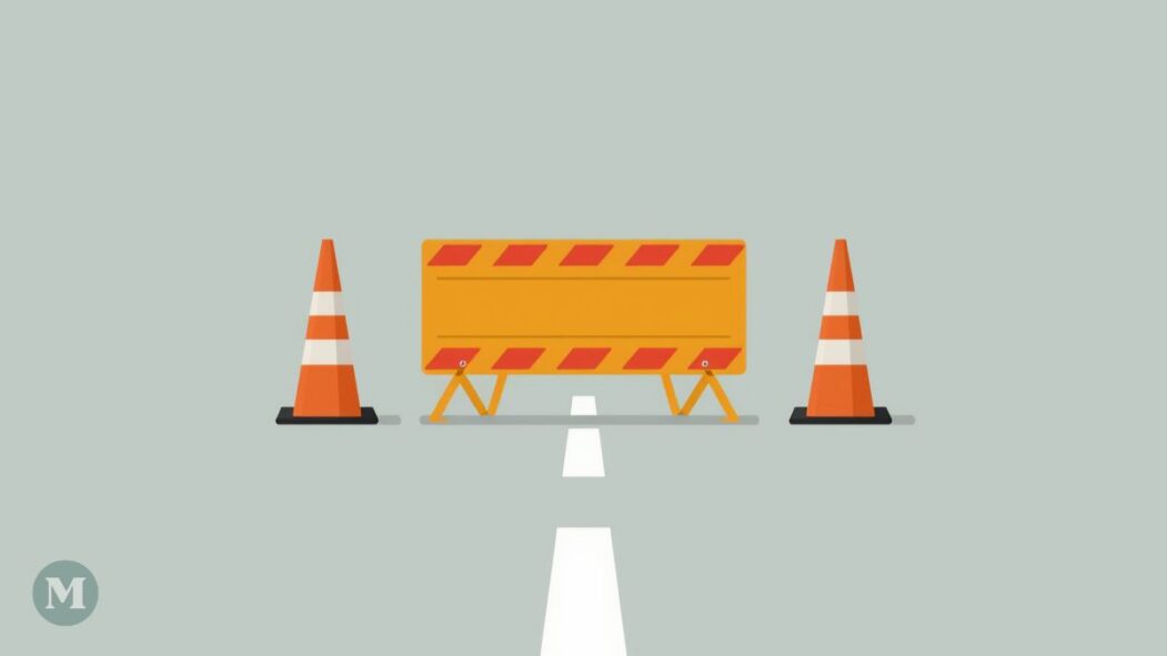 Image générée par l'intelligence artificielle montrang un barrage routier et des cônes oranges, dans le style de l'art minimaliste.