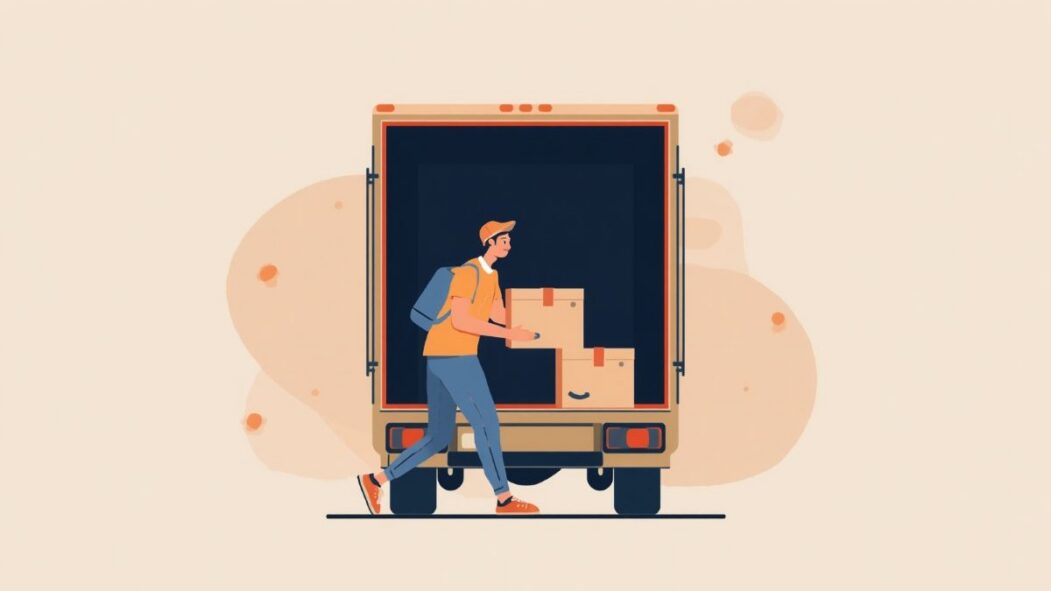 Dessin généré par l'intelligence artificielle dans le style de l'art minimaliste. L'image montre une personne déposant une boîte dans un camion de déménagement.