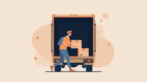 Dessin généré par l'intelligence artificielle dans le style de l'art minimaliste. L'image montre une personne déposant une boîte dans un camion de déménagement.