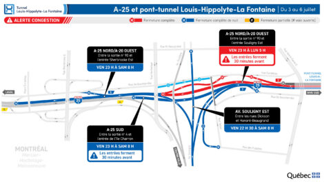 Carte montrant les tronçons de l'autoroute 25 et du tunnel Louis-Hippolyte-La Fontaine affectés par des fermetures dans la fin de semaine du 3 juillet.