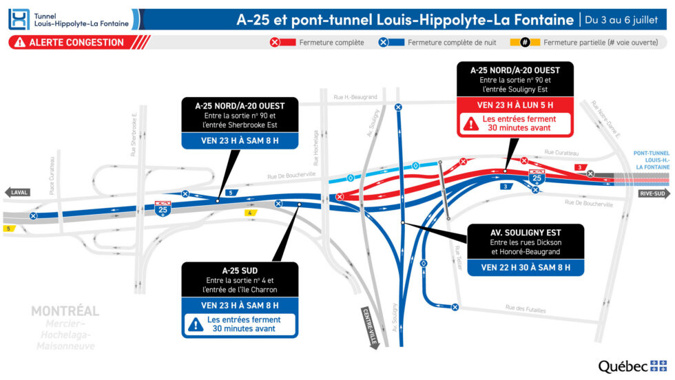 Carte montrant les tronçons de l'autoroute 25 et du tunnel Louis-Hippolyte-La Fontaine affectés par des fermetures dans la fin de semaine du 3 juillet.
