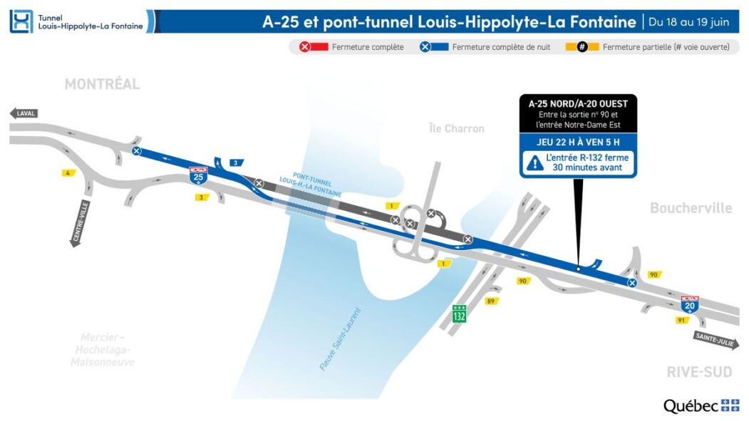 Carte montrant le tronçon de l'autoroute 25 visé par une fermeture pour des travaux au tunnel Louis-Hippolyte-La Fontaine.