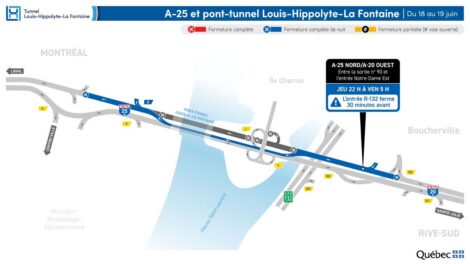 Carte montrant le tronçon de l'autoroute 25 visé par une fermeture pour des travaux au tunnel Louis-Hippolyte-La Fontaine.