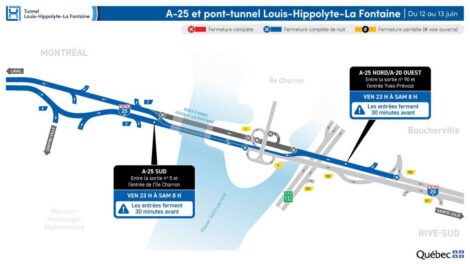 Carte montrant le tunnel Louis-Hippolyte-La Fontaine tron&ccedil;on le l'autoroute 25 vis&eacute; par la fermeture le 12 juin 2026.