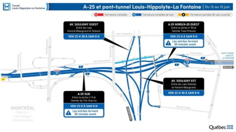 Carte montrant les tron&ccedil;ons l'autoroute 25 et de la rue Souligny vis&eacute;s par la fermeture le 12 juin 2026.
