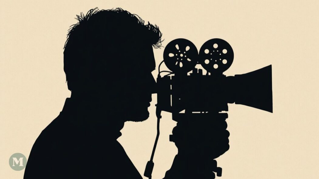 Dessin généré par l'intelligence artificielle montrant un homme tenant une caméra cinématographique.