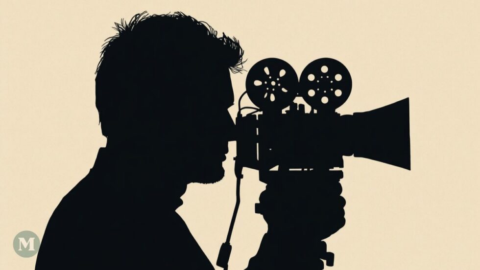 Dessin généré par l'intelligence artificielle montrant un homme tenant une caméra cinématographique.