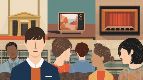Dessin généré par l'intelligence artificielle dans le style de l'art minimaliste. L'image montre un collage d'une bibliothèque, un musée, une télévision et une salle de spectacle, avec un groupe de jeunes.