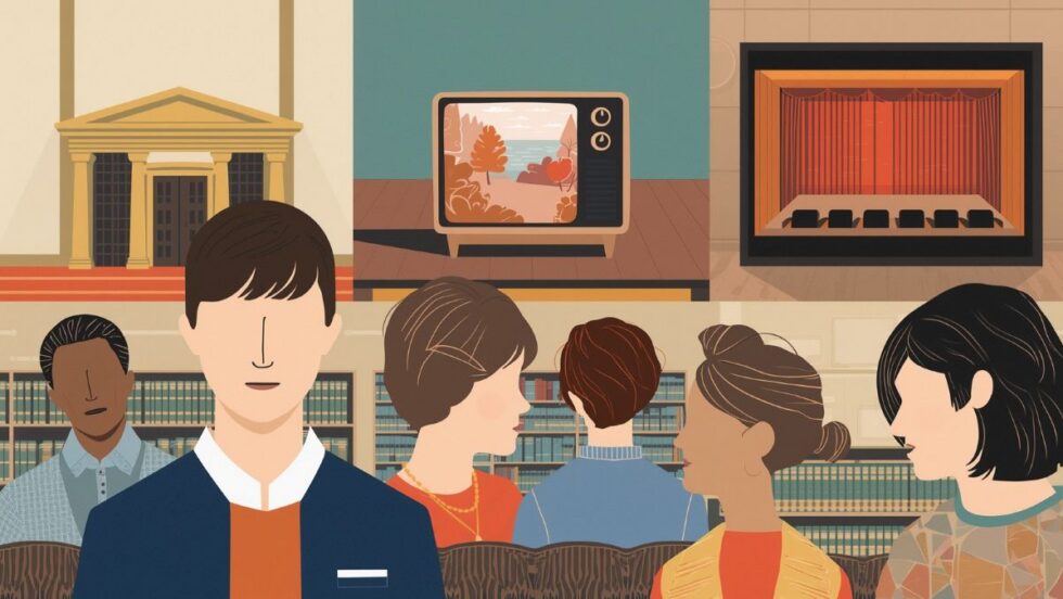 Dessin généré par l'intelligence artificielle dans le style de l'art minimaliste. L'image montre un collage d'une bibliothèque, un musée, une télévision et une salle de spectacle, avec un groupe de jeunes.