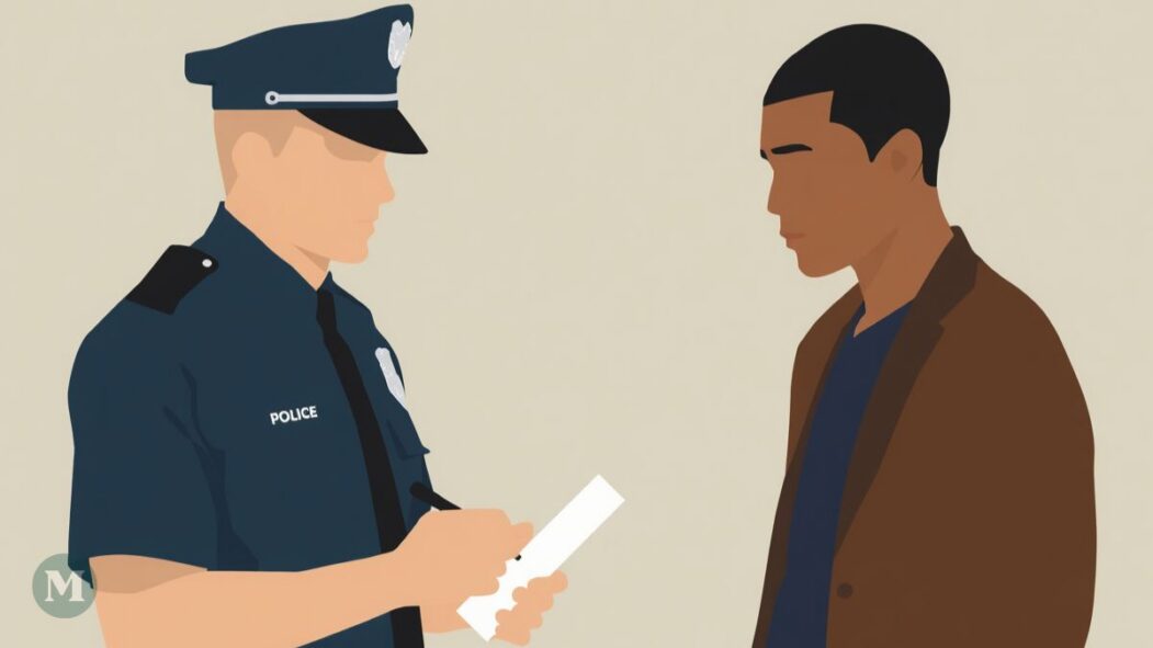 Dessin généré par l'intelligence artificielle représentant un policier interpellant une personne.