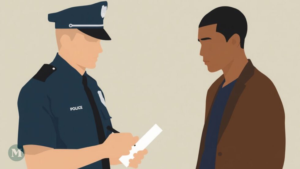 Dessin généré par l'intelligence artificielle représentant un policier interpellant une personne.