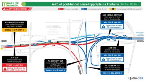 Carte montrant une fermeture prévue sur l'autoroute 25 et le pont-tunnel Louis-Hippolyte-La Fontaine pendant la fin de semaine du 10 au 13 juillet.