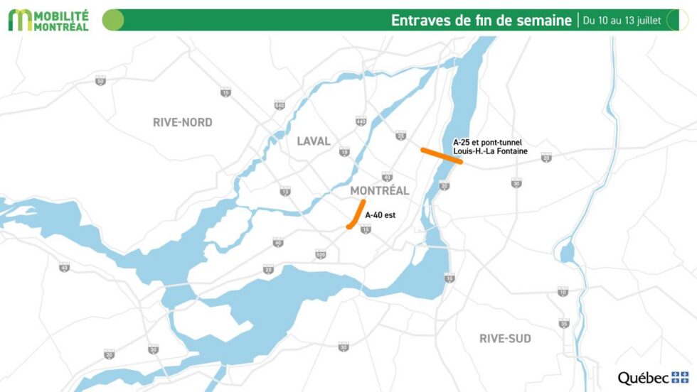 Carte montrant les autoroutes affectées par des entraves majeures pendant la fin de semaine du 10 au 13 juillet 2026.