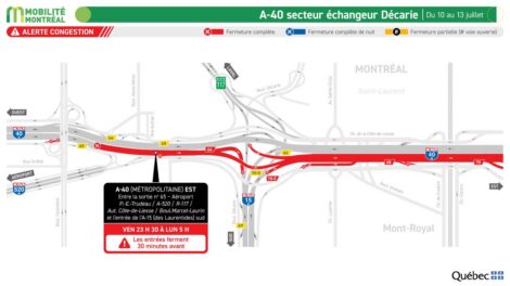 Carte montrant une fermeture prévue sur l'autoroute 40 est pendant la fin de semaine du 10 au 13 juillet.