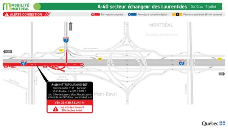 Carte montrant une fermeture prévue sur l'autoroute 40 est pendant la fin de semaine du 10 au 13 juillet.