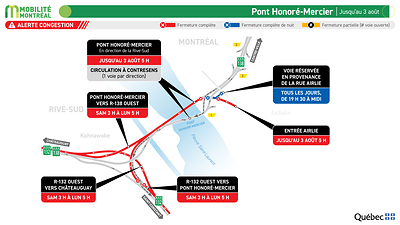 Carte montrant les entraves affectant le pont Honoré-Mercier pendant la fin de semaine du 24 juillet 2026.