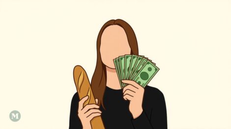 Image générée par l'intelligence artificielle dans le style "art minimaliste", montrant une femme tenant une baguette et de l'argent.