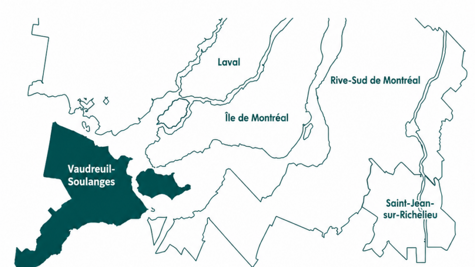 Carte de la région de Montréal avec la MRC de Vaudreui-Soulanges en surbrillance.